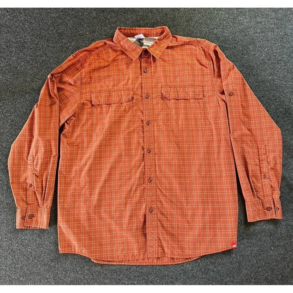 The‎ North Face Mens XL Vented Roll Tab Hiking Button Up Shirt Orange Plaid